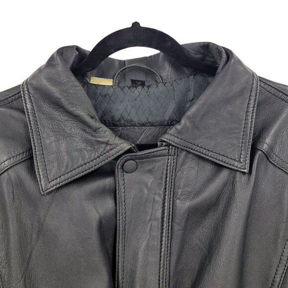 Vintage 80s Leather Flight Jacket M Black Long Belted Hidden Zip Biker Moto - Picture 5 of 16